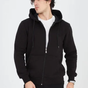 Erkek Kapüşonlu Düz Fermuarlı Hırka - Siyah