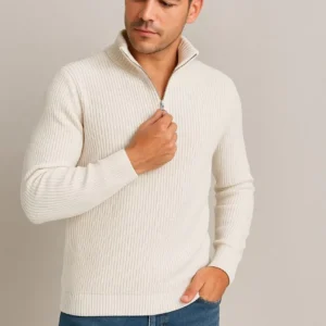 Erkek Yarım Fermuarlı Triko Kazak – Selanik Örgü, Dik Yaka, Pamuklu Dokuma, Regular Fit Uzun Kollu Kışlık Model - Beyaz