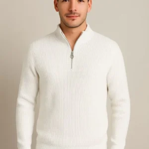 Alternative view of Erkek Yarım Fermuarlı Triko Kazak – Selanik Örgü, Dik Yaka, Pamuklu Dokuma, Regular Fit Uzun Kollu Kışlık Model - Beyaz