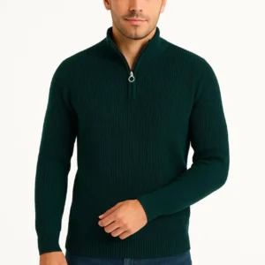 Alternative view of Erkek Yarım Fermuarlı Triko Kazak – Selanik Örgü, Dik Yaka, Pamuklu Dokuma, Regular Fit Uzun Kollu Kışlık Model - Haki