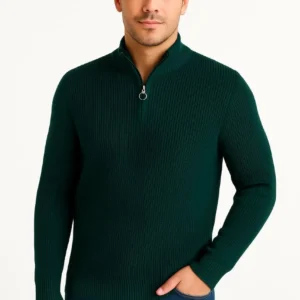 Erkek Yarım Fermuarlı Triko Kazak – Selanik Örgü, Dik Yaka, Pamuklu Dokuma, Regular Fit Uzun Kollu Kışlık Model - Haki