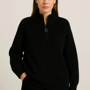 KADIN Yarım Fermuarlı Triko Kazak – Selanik Örgü, Dik Yaka, Pamuklu Dokuma, Oversize Uzun Kollu Kışlık Model - Siyah