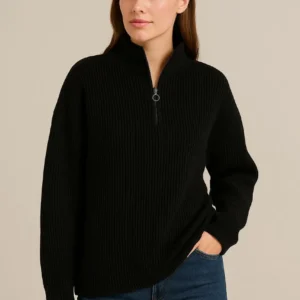 Alternative view of KADIN Yarım Fermuarlı Triko Kazak – Selanik Örgü, Dik Yaka, Pamuklu Dokuma, Oversize Uzun Kollu Kışlık Model - Siyah