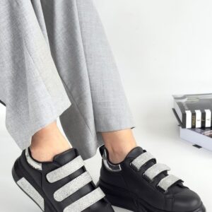 Elika Siyah Cilt Simli Cırt Cırtlı Spor Ayakkabı