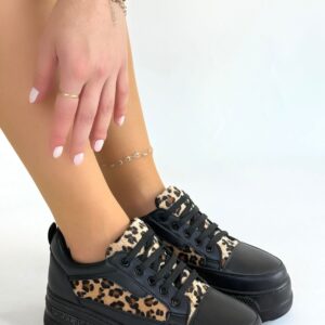 Lorrin Siyah Cilt Leopar Detaylı Bağcıklı Spor Ayakkabı