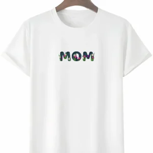 Anneler Gününe Özel Tasarım mom Çiçek Baskılı T-shirt - Beyaz