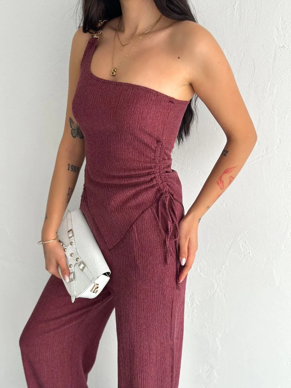 Asimetrik Crop Pantalon ikili Takım - Gül Kurusu - Görsel 6