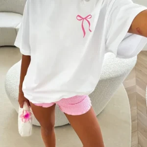 Fiyonk Ön Arka Baskılı Oversize Bisiklet Yaka T-shirt Yazlık - Beyaz