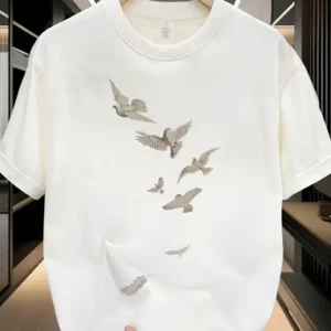 20/1 Penye Compack Özgür kuşlar Baskılı Oversize Bisiklet Yaka T-shirt - Beyaz