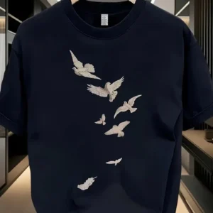 20/1 Penye Compack Özgür kuşlar Baskılı Baskılı Oversize Bisiklet Yaka T-shirt - Beyaz