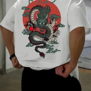 20/1 Penye Compack Ön Arka Ejder Baskılı Oversize Bisiklet Yaka T-shirt - Beyaz