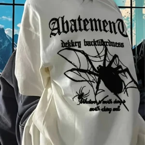 Örümcek Ağı Desenli Baskılı Oversize Bisiklet Yaka T-shirt  - Beyaz