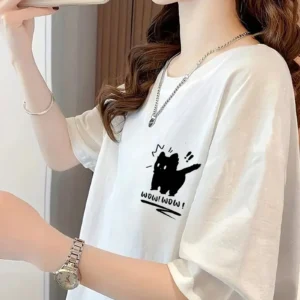 Alternative view of 20/1 Penye Compack Tatlı Kedi Baskılı Oversize Bisiklet Yaka T-shirt - Beyaz