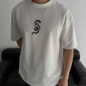 Alternative view of Baskılı Oversize Bisiklet Yaka T-shirt - Beyaz