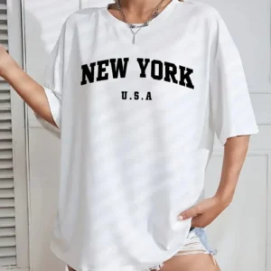 20/1 Penye CompackNew York Baskılı Oversize Kısa Kol Bisiklet Yaka T-shirt - Beyaz