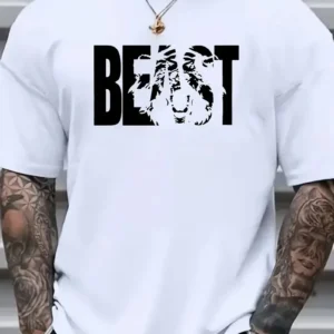 Eşsiz Baskı Tasarımlı Şık Büyük Beden Erkek Tişörtü - Rahat Polyester, Makinede Yıkanabilir, Yuvarlak Yaka - Her Mevsim İçin Mükemmel - Beyaz