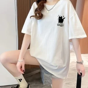 20/1 Penye Compack Tatlı Kedi Baskılı Oversize Bisiklet Yaka T-shirt - Beyaz