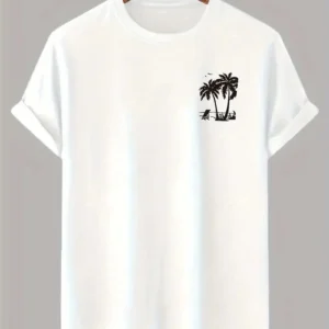 20/1 Penye Compack Palmiye Baskılı Oversize Bisiklet Yaka Kısa Kol T-shirt - Beyaz