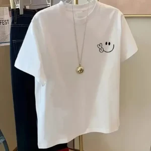 20/1 Penye Compack Gülücük Baskılı Oversize Bisiklet Yaka Kısa Kol Yazlık T-shirt - Beyaz