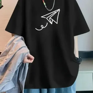 20/1 Penye Compack Uçak Baskılı Oversize Bisiklet Yaka Kısa Kol T-shirt - Siyah