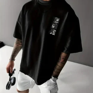 Alternative view of Benzersiz Sırt Baskılı Erkek Sokak Stili Bol Tişört - Nefes Alabilir Polyester, Makinede Yıkanabilir - Siyah