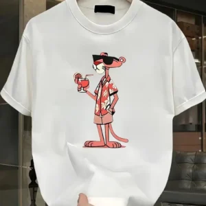 Pembe Panter Baskılı Erkek Oversize Günlük Kısa Kollu Tişört İlkbahar ve Yaz için Mükemmeldir - Beyaz