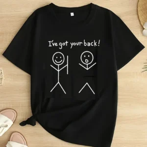Kadın Beyaz "I've Got Your Back" Grafik Tişört - Eğlenceli Çubuk Tasarımlı Oversize Günlük Kısa Kollu Tişört, Polyester Örgü, Yuvarlak Yaka, İlkbahar ve Yaz için Mükemmel, Günlük Giyim Tişört | Eğlenceli Tasarım | Polyester Kumaş- Siyah