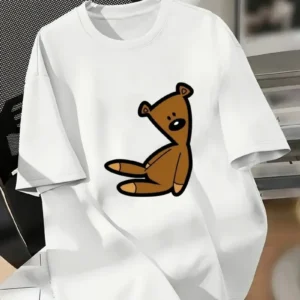 20/1 Penye Compack Ayı Baskılı Oversize Bisiklet Yaka Kısa Kol T-shirt - Beyaz