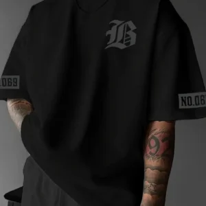 LB Ön Arka Baskılı Oversize Bisiklet Yaka Yazlık T-shirt - Siyah