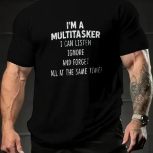 Erkekler İçin Tişörtler, Komik 'Multitasker' Baskılı Tişört, Yaz İlkbahar Sonbahar İçin Günlük Kısa Kollu Oversize Tişört, Hediye Olarak Üstler - Siyah