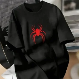 20/1 Penye Compack Spider Baskılı Oversize Unisex Kısa Kol Yazlık T-shirt - Siyah