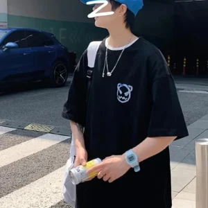 Alternative view of 20/1 Penye Compack Bisiklet Yaka Kore tarzı sevimli ayı baskı Kısa Kol Erkek t-shirt - Siyah