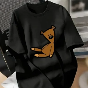 20/1 Penye Compack Ayı Baskılı Oversize Bisiklet Yaka Kısa Kol T-shirt - Siyah