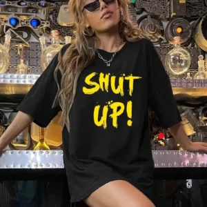 20/1 Penye Compack Shut up Baskılı Oversize Bisiklet Yaka Kısa Kol T-shirt - Siyah