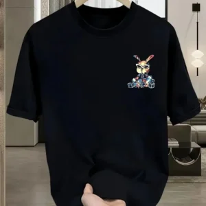 Alternative view of Güneş Gözlüğü Grafikli Karikatür Tavşan Oversize Kısa Kollu Tişört Çift Tişört, İlkbahar Ve Yaz- Siyah