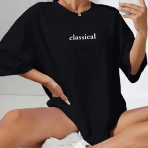 20/1 Penye Compack Classical Baskılı Siyah Oversize Tişort - Siyah