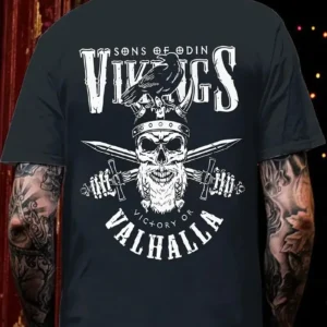 Alternative view of 20/1 Penye Compack Vikings Valhalla Baskılı Oversize Bisiklet Yaka T-shirt - Siyah