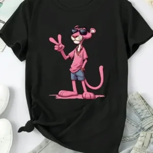Alternative view of 20/1 Penye Compack Pembe Panter Baskılı Oversize Bisiklet Yaka Kısa Kol Yazlık T-shirt - Beyaz