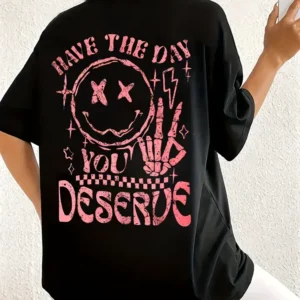 Oversize Kadın Karikatür Baskılı Yuvarlak Yaka Düşük Omuz Kısa Kollu Tişört Büyük Beden- Siyah