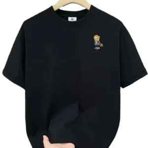 20/1 Penye Compack Gözlüklü Ayı Baskılı Oversize Bisiklet Yaka Erkek T-shirt - Siyah