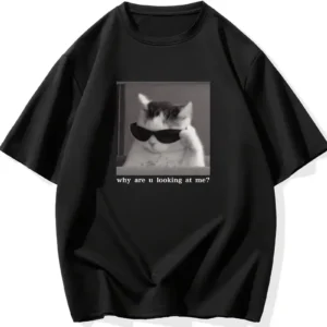 "Neden Bana Bakıyorsun?" Komik Kedi Grafik Tişört - Dijital Baskılı Siyah Bol Kesim Streetwear Tişört, Erkekler için Dört Mevsim Günlük Gömlek - Siyah