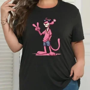 20/1 Penye Compack Pembe Panter Baskılı Oversize Bisiklet Yaka Kısa Kol Yazlık T-shirt - Beyaz