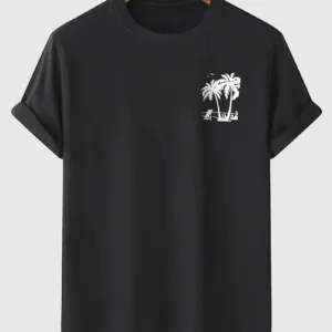 20/1 Penye Compack Palmiye Ön Baskılı Oversize Bisiklet Yaka Kısa Kol Yazlık T-shirt - Siyah