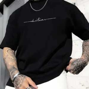 Büyük Beden Erkek "Whatever" Baskılı Tişört, Oversize Erkekler İçin Yaz Modası Kısa Kollu Tişörtler - Siyah