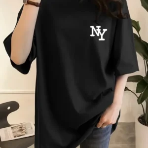 Kadın Eğlenceli Harf NY Baskılı Bisiklet Yaka Tişört - Rahat Polyester, Makinede Yıkanabilir - Yaz ve Fitness için Mükemmel, Yuvarlak Yaka - Siyah