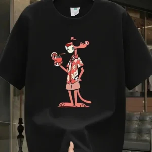 Pembe Panter Baskılı Erkek Oversize Günlük Kısa Kollu Tişört İlkbahar ve Yaz için Mükemmeldir - Siyah