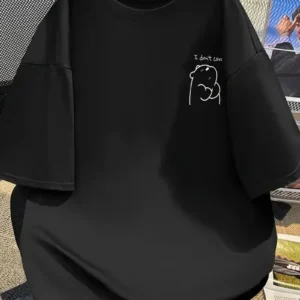 [Günlük T-Shirt] Hafif Kadın Günlük T-Shirt | Bol Kesim, Kısa Kollu, Yuvarlak Yaka, Eğlenceli Karikatür Ayı ve "Umrumda Değil" Baskı - Günlük Stil, İlkbahar/Yaz- Siyah