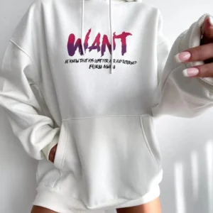 Alternative view of Baskılı Üç İplik Kapüşonlu Oversize Sweatshirt - Beyaz