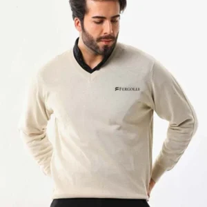 Baskılı V Yaka Uzun Kol Dokuma Triko - Bej