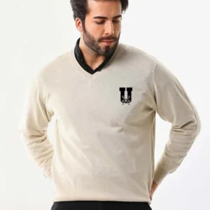 Baskılı V Yaka Uzun Kol Dokuma Triko - Bej